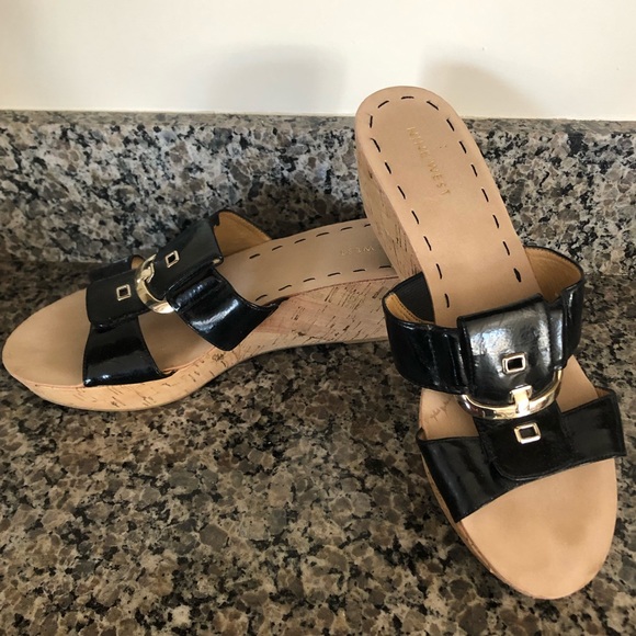 Nine West Black Patent Leather Cork Wedges - Picture 2 of 7